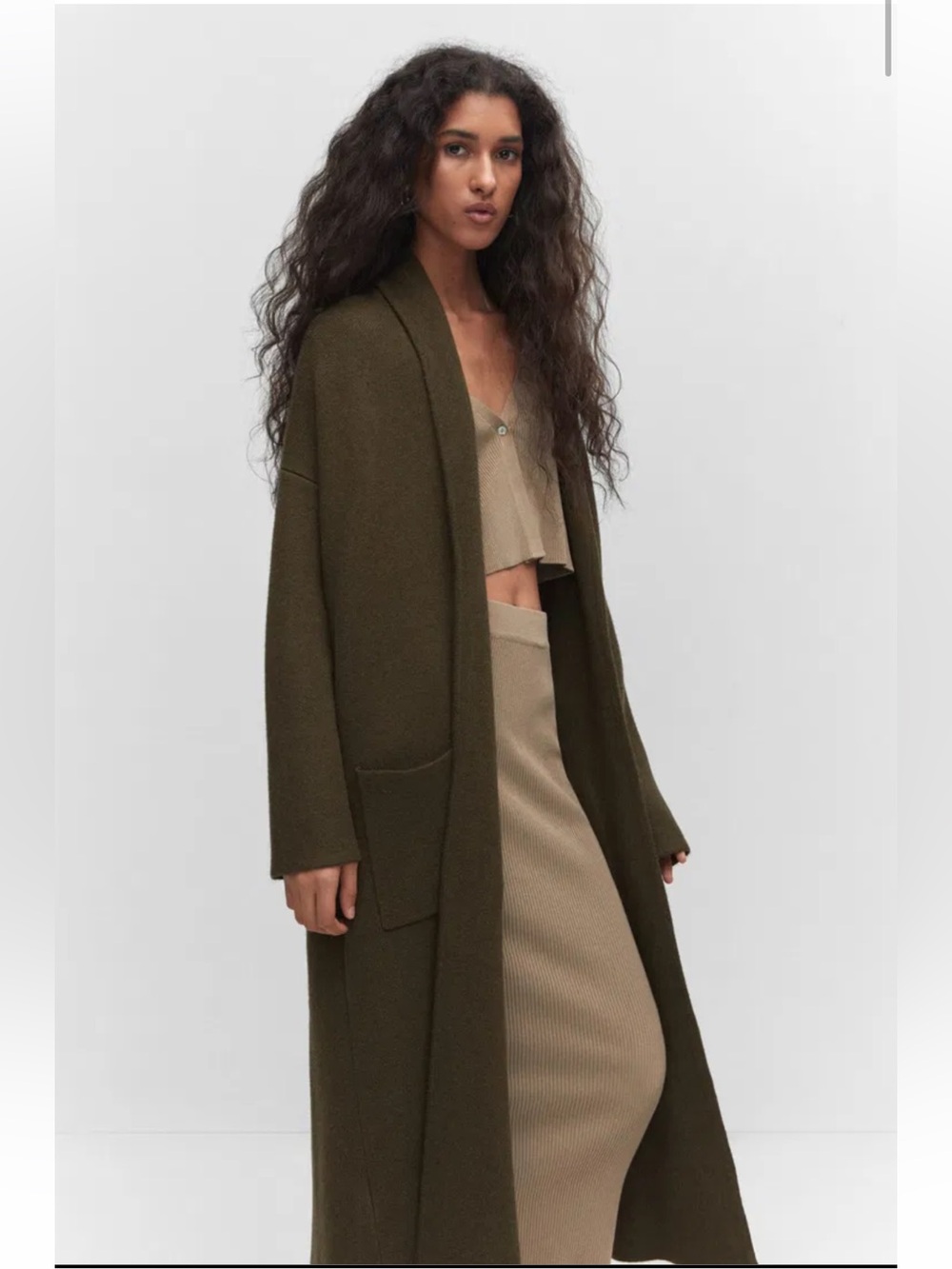 NEW MANGO Oversized Knitted Open Brown Midi Coat, Size XS